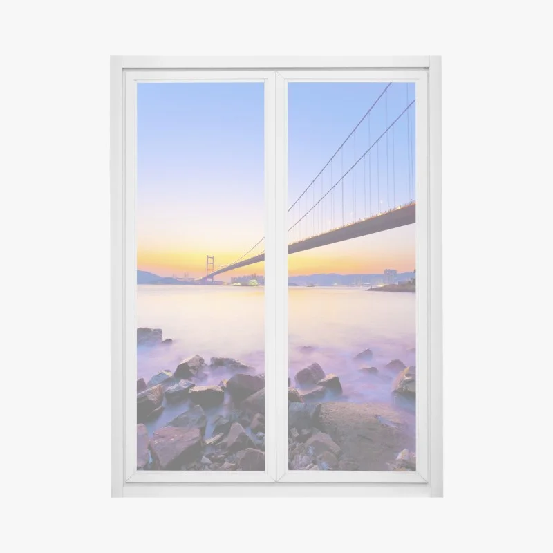 Pegatina para ventana puente colgante al atardecer sobre la costa