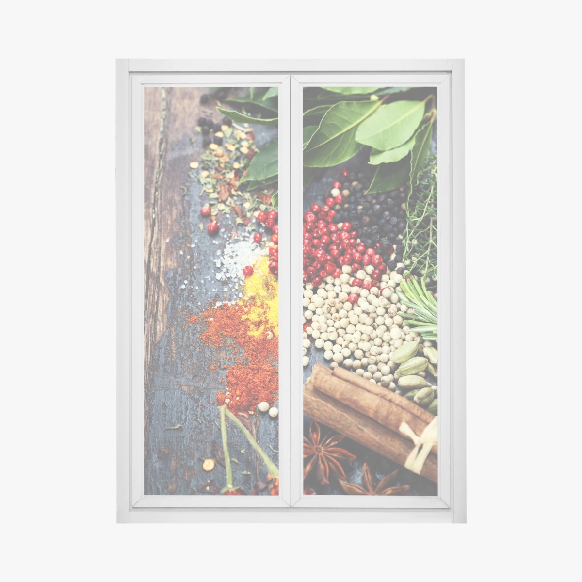 Pegatina para ventana especias y hierbas sobre madera rústica – Pixers®