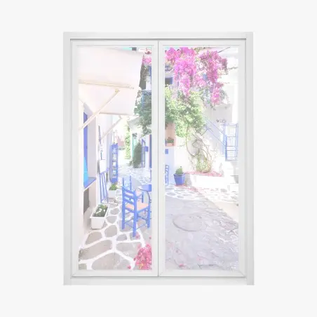 Pegatina para ventana callejón mediterráneo con buganvillas y sillas azules – Pixers®