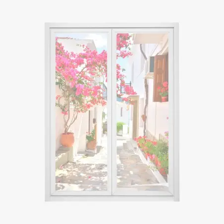 Pegatina para ventana calle mediterránea con buganvillas en flor – Pixers®