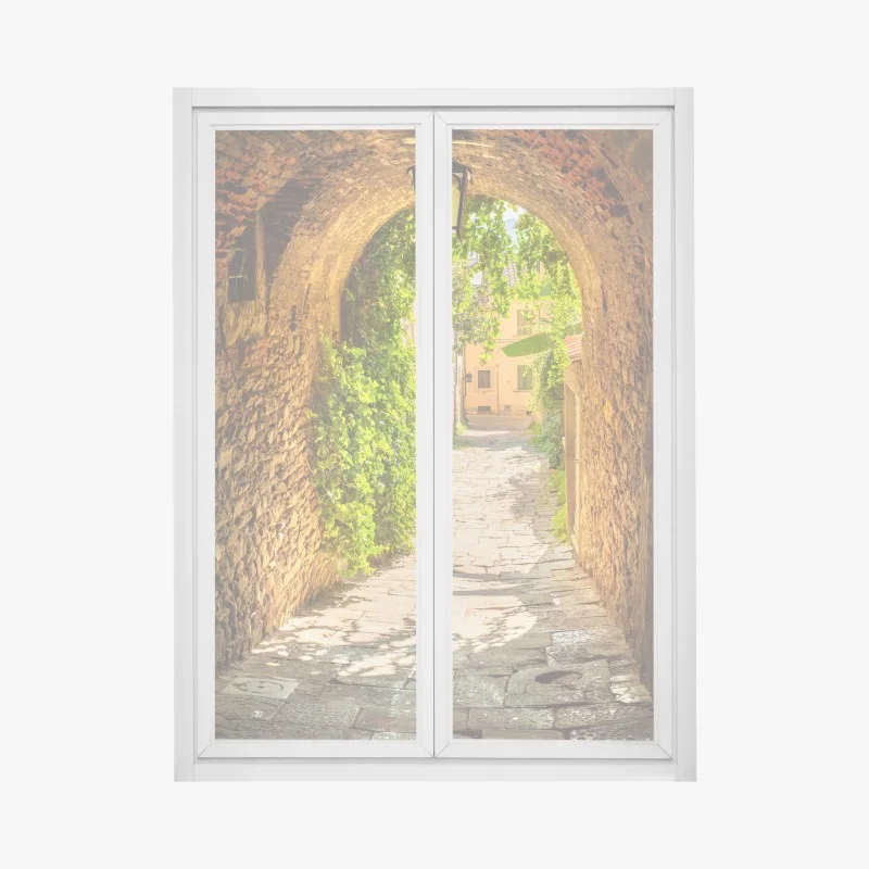 Pegatina para ventana callejón medieval en Toscana bañado de luz dorada
