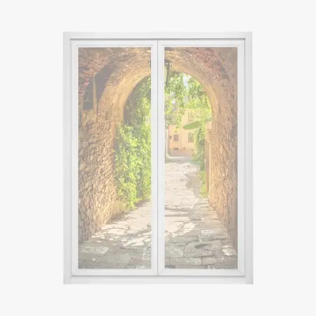 Pegatina para ventana callejón medieval en Toscana bañado de luz dorada – Pixers®