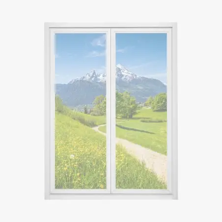 Pegatina para ventana paisaje alpino con sendero entre prados floridos y picos nevados – Pixers®