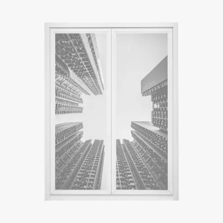 Pegatina para ventana perspectiva simétrica entre rascacielos en blanco y negro – Pixers®
