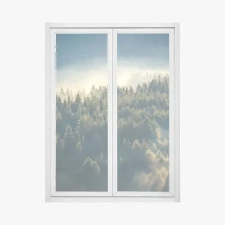 Pegatina para ventana bosque de pinos en la niebla – Pixers®