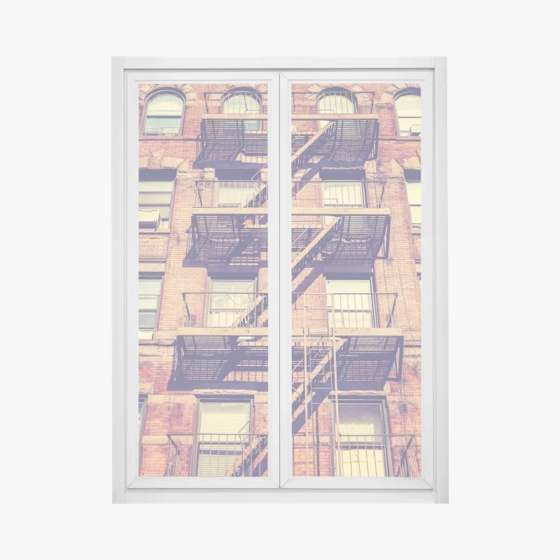 Pegatina para ventana fachada vintage con escaleras de incendios en Nueva York