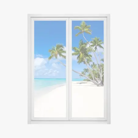 Pegatina para ventana escena tropical de playa y palmeras – Pixers®