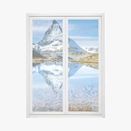 Pegatina para ventana reflejo majestuoso del Matterhorn en lago alpino – Pixers®