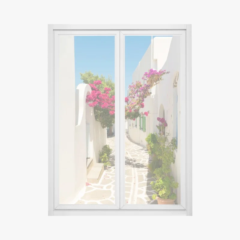 Pegatina para ventana rincón mediterráneo de casas blancas y buganvillas