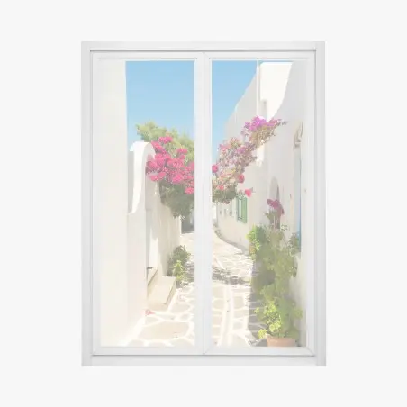 Pegatina para ventana rincón mediterráneo de casas blancas y buganvillas – Pixers®