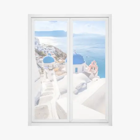 Pegatina para ventana cúpulas azules de Santorini sobre el mar – Pixers®