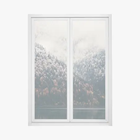 Pegatina para ventana bosque otoñal y montaña nevada junto al lago – Pixers®