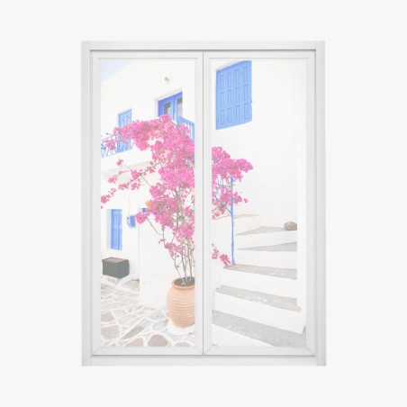 Pegatina para ventana fachada blanca con buganvilla fucsia y ventanas azules – Pixers®