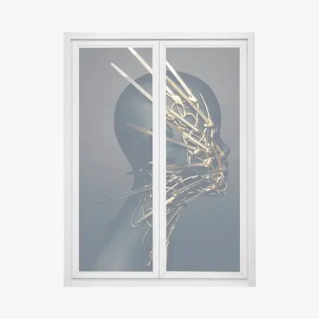 Pegatina para ventana máscara escultórica dorada sobre perfil de maniquí negro – Pixers®