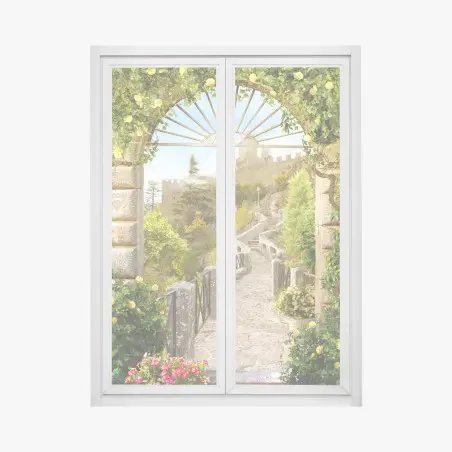 Pegatina para ventana camino al castillo entre rosas – Pixers®
