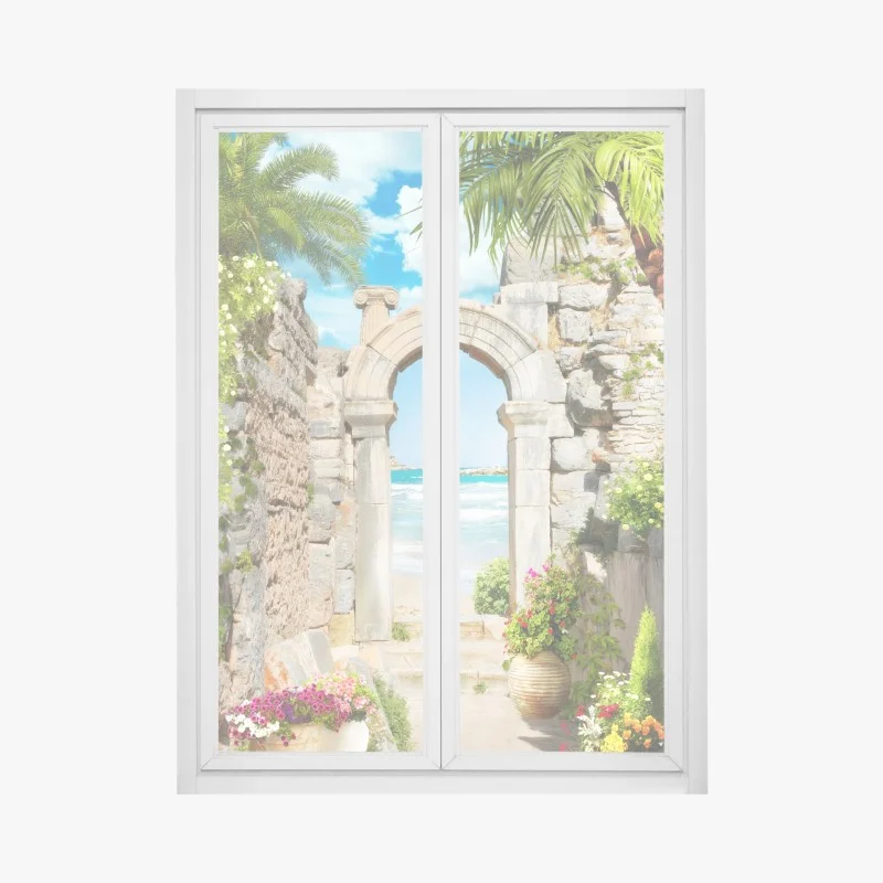 Pegatina para ventana portal costero entre ruinas