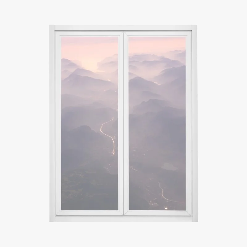 Pegatina para ventana paisaje aéreo de montañas y río al amanecer