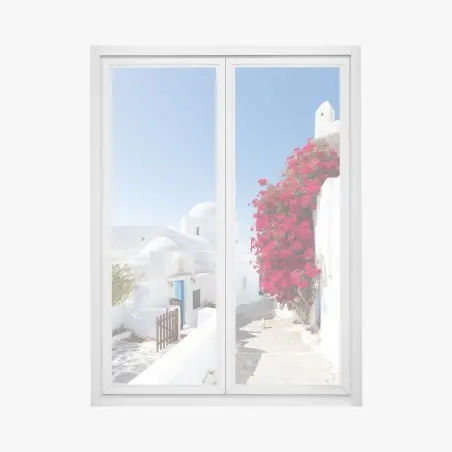 Pegatina para ventana encanto mediterráneo: calle blanca con buganvillas – Pixers®