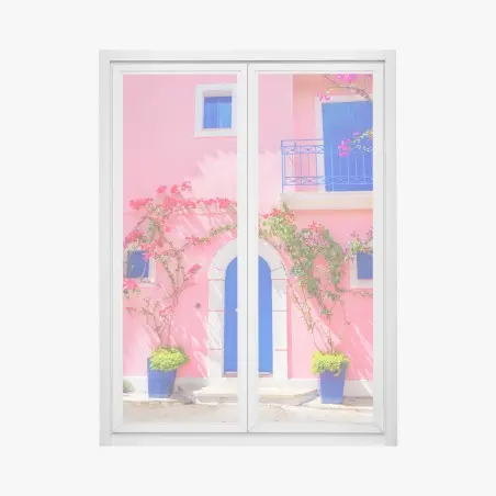Pegatina para ventana fachada mediterránea en rosa y azul – Pixers®