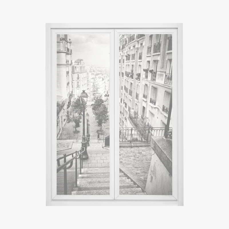 Pegatina para ventana escaleras empedradas en blanco y negro