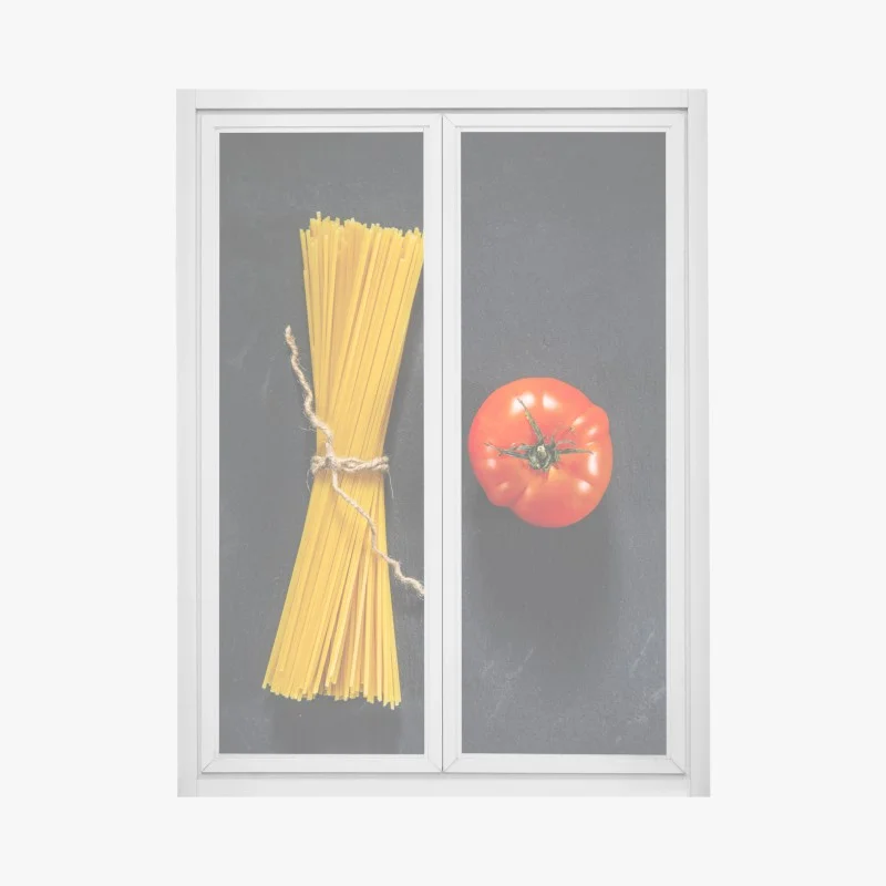 Pegatina para ventana bodegón de espaguetis y tomate sobre fondo oscuro