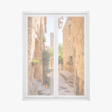 Pegatina para ventana Civita di Bagnoregio, calle medieval bañada en luz dorada – Pixers®