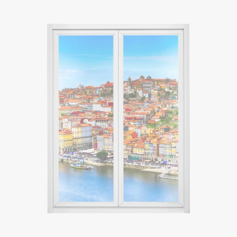 Pegatina para ventana paisaje urbano colorido de Porto junto al río