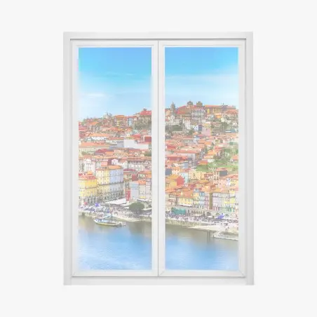 Pegatina para ventana paisaje urbano colorido de Porto junto al río – Pixers®