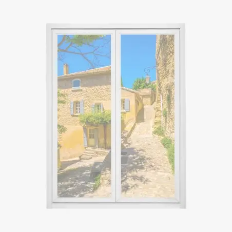 Pegatina para ventana escena soleada de pueblo de piedra – Pixers®
