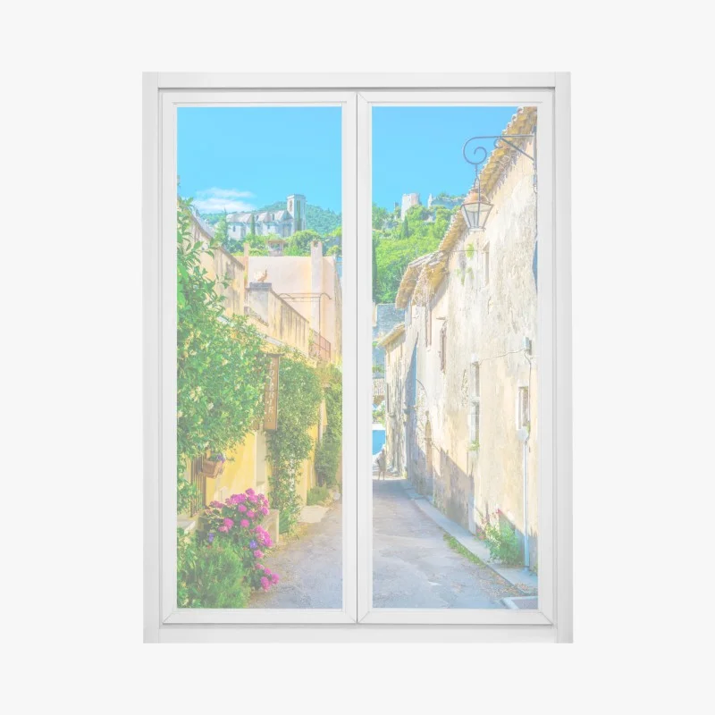 Pegatina para ventana callejón soleado en pueblo mediterráneo