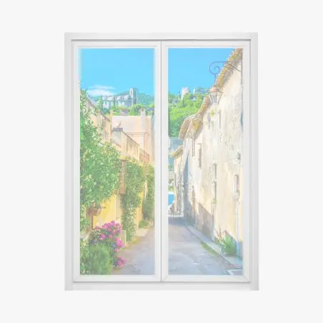 Pegatina para ventana callejón soleado en pueblo mediterráneo – Pixers®