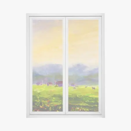 Pegatina para ventana amanecer en la granja entre colinas – Pixers®