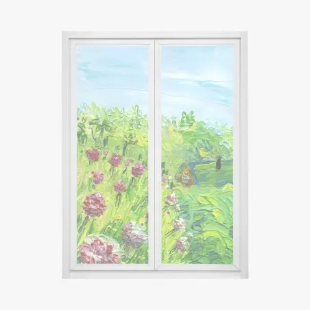 Pegatina para ventana jardín de peonías al óleo – Pixers®