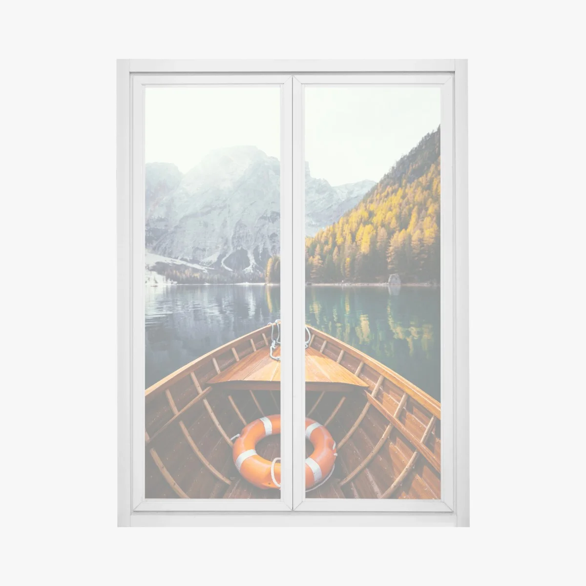 Pegatina para ventana amanecer en Lago di Braies: bote de madera y montañas – Pixers® Pegatina para ventana amanecer en Lago di Braies: bote de madera y montañas – Pixers®