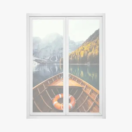 Pegatina para ventana amanecer en Lago di Braies: bote de madera y montañas – Pixers®