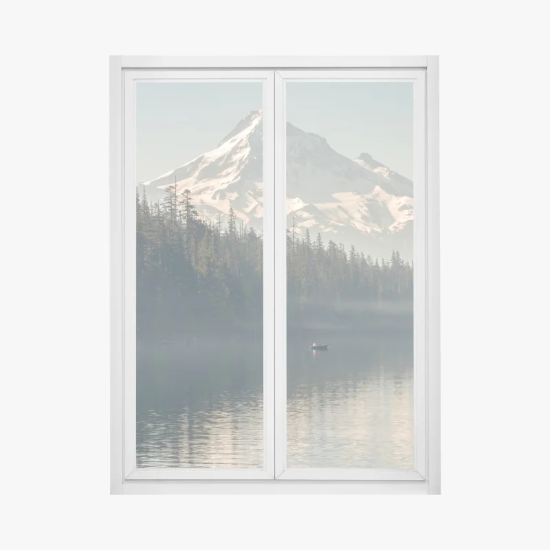 Pegatina para ventana amanecer en el lago bajo la montaña nevada