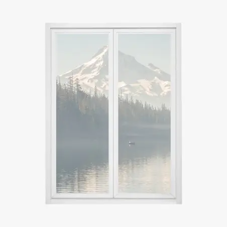 Pegatina para ventana amanecer en el lago bajo la montaña nevada – Pixers®