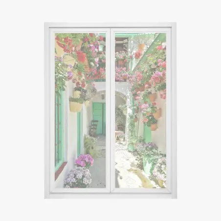 Pegatina para ventana patio floral con geranios y macetas – Pixers®