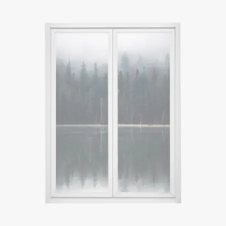Pegatina para ventana bosque brumoso reflejado en lago – Pixers®