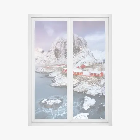 Pegatina para ventana paisaje costero nevado con casas rojas – Pixers®