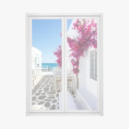 Pegatina para ventana rincón Mediterráneo con buganvillas junto al mar – Pixers®