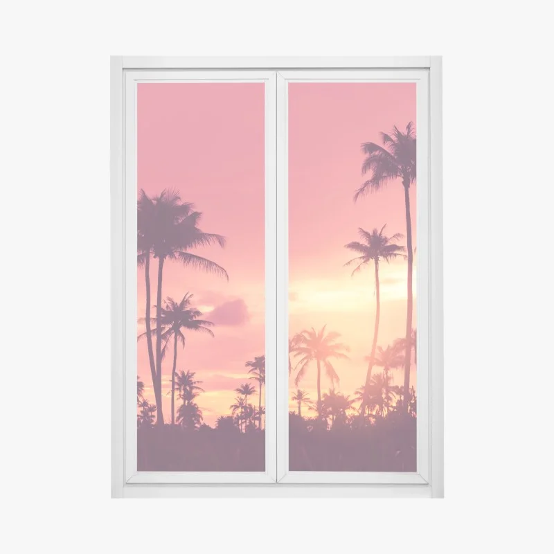 Pegatina para ventana atardecer tropical entre palmeras