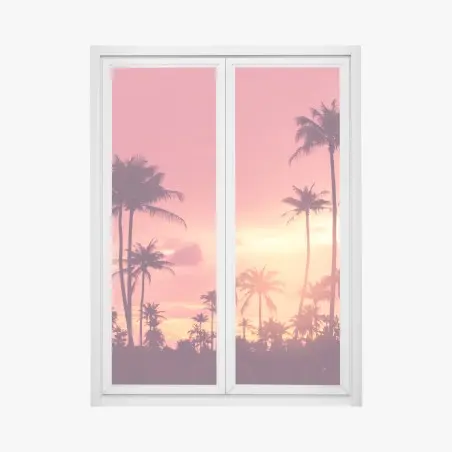 Pegatina para ventana atardecer tropical entre palmeras – Pixers®