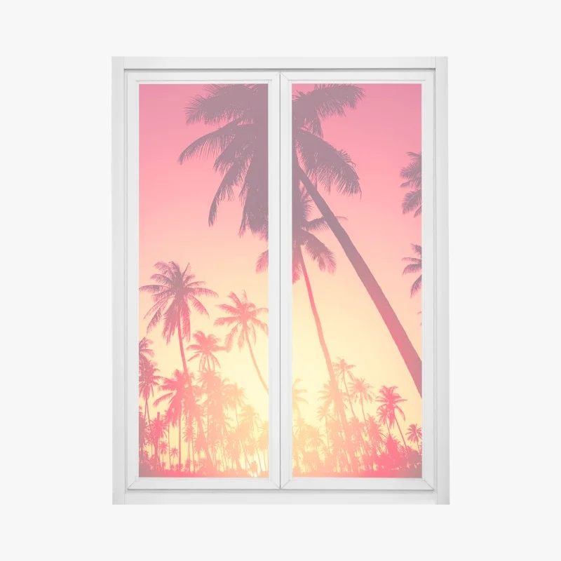Pegatina para ventana atardecer tropical entre palmeras