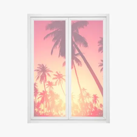 Pegatina para ventana atardecer tropical entre palmeras – Pixers®