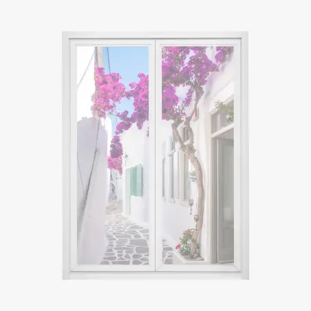 Pegatina para ventana rincón mediterráneo con buganvillas moradas – Pixers®