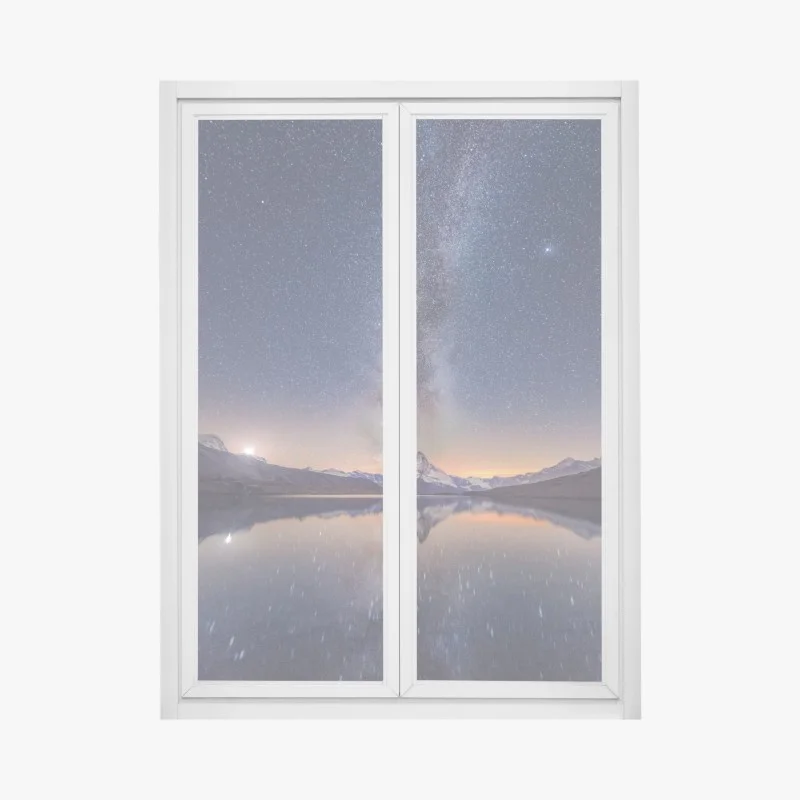 Pegatina para ventana cielo estrellado sobre montaña reflejada