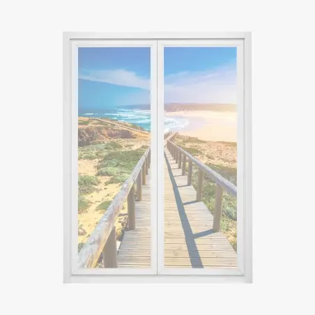 Pegatina para ventana amanecer en Praia da Bordeira: pasarela hacia el mar – Pixers®