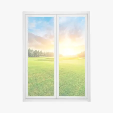 Pegatina para ventana puesta de sol sobre campo verde y bosque – Pixers®