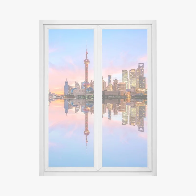 Pegatina para ventana amanecer en Shanghai: horizonte urbano reflejado